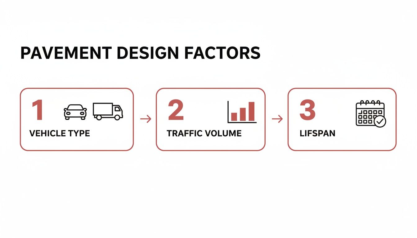Infographic outlining three key pavement design factors: vehicle type, traffic volume, and lifespan.