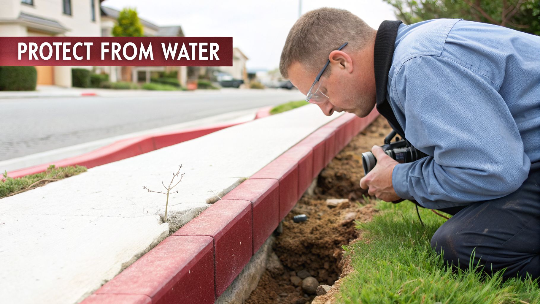 A man in safety glasses inspects a cracked sidewalk next to a red curb with a camera.