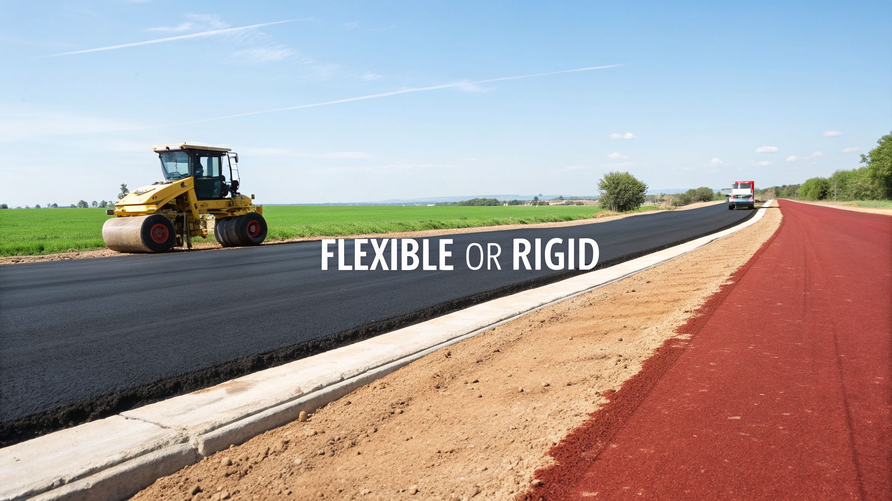 A road roller compacting new asphalt pavement next to a red path, illustrating 'Flexible or Rigid' options.
