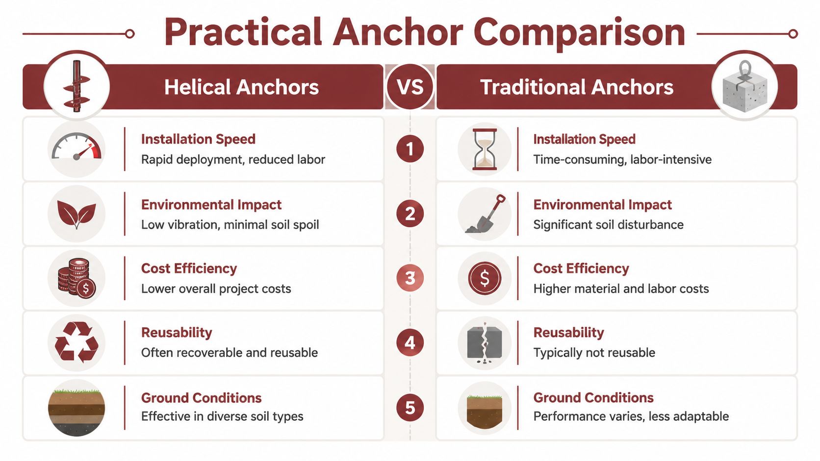 A comparison chart highlighting the benefits of helical anchors compared to traditional anchor systems in construction projects.
