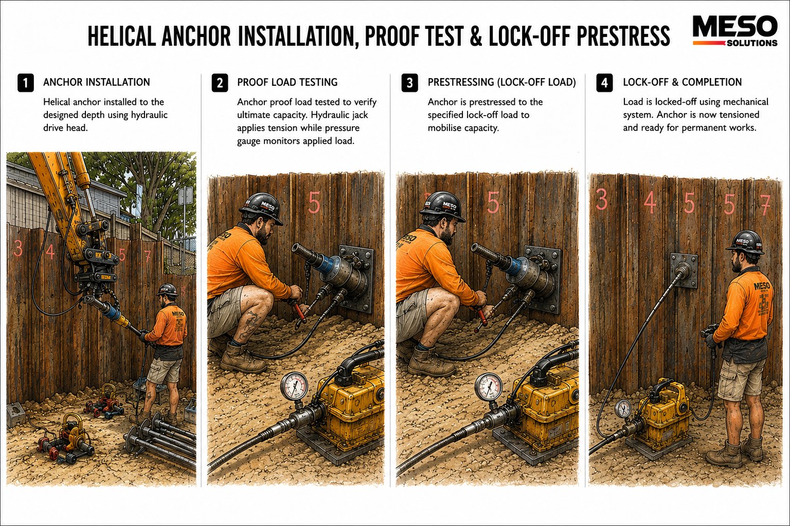 A four-step diagram showing helical anchor installation, proof load testing, prestressing, and completion by construction workers.
