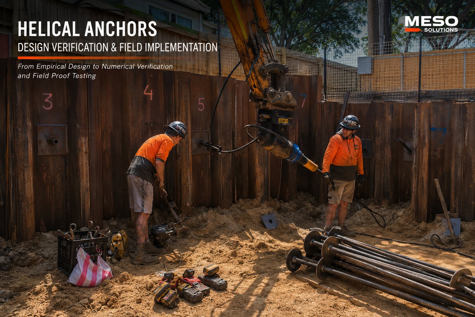 Construction workers install helical anchors into a metal sheet pile wall at a sunny construction site.