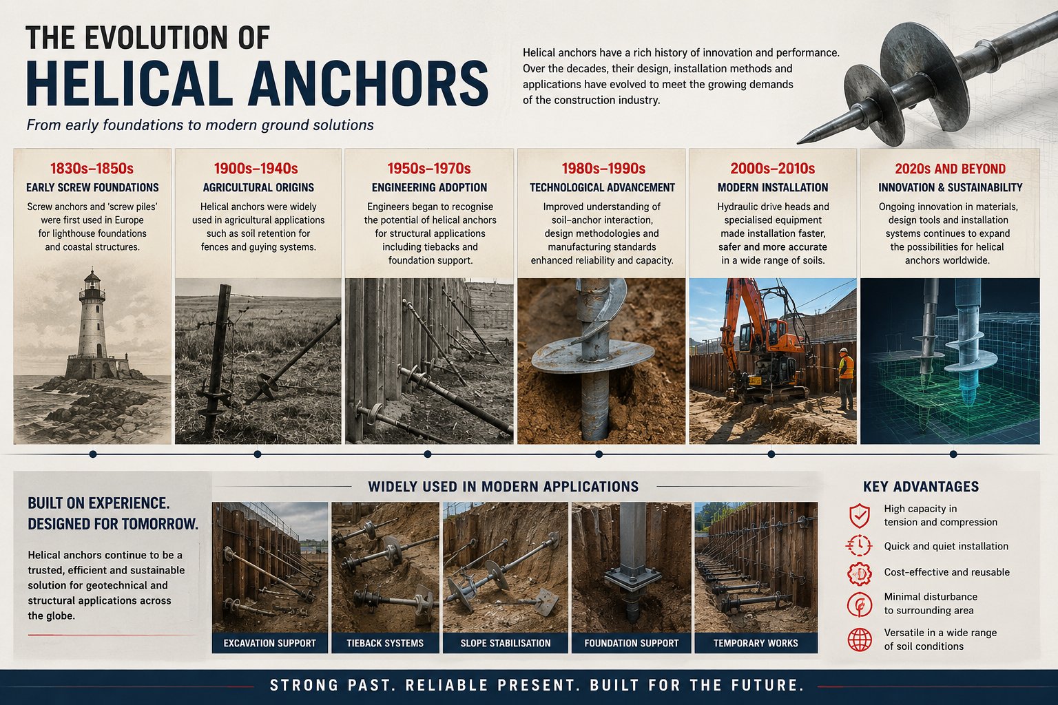 An infographic detailing the evolution of helical anchors, their modern applications, and key advantages.