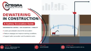 Dewatering in construction is the planned removal or lowering of groundwater or accumulated water so excavation and below-ground works can proceed under stable, manageable conditions. For Sydney developments involving basements, lift pits, services, retaining systems or deep excavations, water management can become a major part of geotechnical design. Water inside an excavation can reduce productivity, but the engineering issue goes well beyond keeping the site dry. Groundwater pressure contributes to the behaviour of soil and retaining structures. Lowering groundwater changes those pressures, which means poorly planned pumping can affect excavation stability, nearby ground and surrounding assets. Sydney also has many constrained development sites where excavation occurs close to neighbouring buildings, utilities and public infrastructure. This makes dewatering an engineering problem rather than simply a pumping task. Integra Consultants’ Deep Excavation, Dewatering and Shoring Design service considers groundwater, soil movement, hydraulic pressure, retaining systems and construction sequencing together. Its service page also identifies seepage analysis, sheet pile, secant pile and other retaining solutions as part of its excavation capability. (EngConf Solutions) This guide explains how dewatering works, when it is required and what Sydney project teams should consider before pumping begins. What Is Dewatering in Construction & Why Does It Matter in Sydney? Dewatering in construction generally involves controlling water where an excavation extends into or close to groundwater, or where water enters from rainfall, seepage or local perched groundwater. The objective depends on the site. Some projects need only remove relatively small amounts of water collected in a sump. Others require a deliberately engineered system to lower the groundwater level around an excavation. This distinction matters because simply pumping water from an open excavation can produce very different ground responses from lowering groundwater gradually using an appropriately designed system. In Sydney, project conditions vary significantly. Deep basements are often built close to boundaries and existing structures. Excavations can intersect permeable layers, weathered rock, fill or local groundwater pathways. Heavy rainfall can also add temporary water loads to open excavations. A suitable construction dewatering strategy therefore considers both water quantity and geotechnical response. The design team needs to understand where the water comes from, how easily the ground transmits it, how low the groundwater must be reduced and what could happen outside the excavation. Transport for NSW guidance recognises dewatering as a specific consideration for excavation near transport infrastructure and can require a dewatering management plan where relevant. See the Transport for NSW excavation requirements. (Transport Standards Portal) Dewatering in Construction: Comparing Common Dewatering Methods Dewatering in construction should be matched to the depth, ground permeability, excavation geometry and required drawdown. A system that is efficient in permeable sand may perform poorly in low-permeability clay. Method Typical Principle Potential Application Key Consideration Sump pumping Collect and pump local inflow Shallow/local water Can draw fines if poorly controlled Wellpoints Multiple shallow wells connected to header Permeable soils and moderate drawdown Installation spacing matters Deep wells Pumped bores around excavation Greater depth and inflow Pump capacity and aquifer response Eductor systems Vacuum-assisted extraction Lower-permeability ground More specialised setup Cut-off systems Restrict groundwater inflow Deep or sensitive excavations Wall continuity/permeability Combined systems Pumping plus cut-off Complex conditions Requires integrated design Dewatering in construction is therefore not about selecting the largest available pump. Effective design starts with an appropriate hydrogeological and geotechnical understanding. For example, wellpoint dewatering may be useful where a series of closely spaced extraction points can lower groundwater around a relatively shallow excavation. Deep wells may be preferable where greater drawdown or capacity is needed. Cut-off walls can also reduce pumping demand. Secant piles, diaphragm walls or sheet piles may form part of the retention and water-control strategy, depending on project requirements. Where excavation support and water control interact, Integra’s ground–structure interaction service can help assess how wall deformation and changing ground conditions may influence adjacent assets. Dewatering in Construction Tips for Sydney Project Teams Dewatering in construction should ideally be planned before excavation starts rather than treated as an emergency response after water enters the site. Useful tips include: Investigate groundwater conditions early. Separate rainfall management from groundwater management. Estimate required drawdown and likely inflow. Consider effects beyond the site boundary. Coordinate dewatering with shoring design. Monitor groundwater and ground movement where risk warrants it. Plan discharge, treatment and approvals before pumping. One common mistake is considering the pumping system independently of the retaining wall. In reality, the wall, groundwater, surrounding soil and excavation sequence influence each other. Another is assuming that clear water means there is no ground-loss risk. Soil particles can sometimes migrate through seepage paths before obvious signs appear. Effective groundwater control should therefore be designed around both excavation performance and neighbouring-asset protection. Integra’s engineering approach combines advanced numerical analysis with construction experience, and its excavation service specifically considers hydraulic pressure, saturated ground and movements around urban basements. (EngConf Solutions) Infographic Image Suggestion: “Construction Dewatering Decision Path” — investigation → groundwater model → inflow/drawdown → system selection → monitoring → discharge management. How Dewatering in Construction Is Designed Dewatering in construction usually begins with understanding the subsurface profile and groundwater regime. Ground investigation provides information about soil and rock layers. Groundwater observations help determine likely water levels, although one measurement may not represent seasonal or construction-stage conditions. Engineers then assess how water may enter the excavation. Inflow may occur through permeable soil, fractured rock, beneath retaining walls or through local defects in cut-off systems. The required groundwater reduction is then established. An excavation does not always need extreme drawdown; the objective is to provide sufficient control for safe and practical construction while managing external effects. Depending on complexity, seepage modelling may be used to estimate hydraulic gradients, water pressures and likely flow paths. Pump numbers, depth, spacing and capacity can then be developed around the design assumptions. The retaining solution matters too. A low-permeability wall can significantly change the flow regime compared with a more open soldier-pile system. Monitoring is often valuable because groundwater systems contain uncertainty. Piezometers or observation wells can confirm whether the actual drawdown matches design assumptions. Projects involving sheet piles and anchors may also benefit from Integra’s existing article on helical anchors for sheet pile retention, which discusses excavation movement and constrained Sydney construction. (EngConf Solutions) Dewatering in Construction Risks and Control Measures Dewatering in construction can improve excavation conditions, but inappropriate pumping can introduce new risks. Risk Possible Mechanism Typical Management Approach Ground settlement Effective stress changes Control drawdown and monitor Soil loss High seepage gradients Filters/cut-offs/system redesign Base instability Upward water pressure Check hydraulic stability Excessive inflow Permeable layer or defect Increase/control system capacity Neighbour impact Ground movement outside site Monitoring and staged response Unexpected discharge quality Groundwater chemistry/sediment Test and treat as required Dewatering in construction should therefore be viewed as a controlled modification of the groundwater environment. The risk to neighbouring structures depends on several factors, including soil compressibility, extent of drawdown and foundation sensitivity. Monitoring can provide trigger points for action. If groundwater levels or movements differ significantly from predictions, pumping rates or construction sequence may need review. Where weak soil also contributes to water and stability problems, Ground Improvement Solutions Design may be relevant. Grouting or other improvement approaches can sometimes be considered as part of a wider solution. When Does Dewatering in Construction Need Specialist Engineering? Projects vary widely, but specialist input becomes increasingly valuable as depth, inflow or surrounding sensitivity increases. Indicators include: Excavation below groundwater. Multiple basement levels. Permeable sand or fractured ground. Sensitive neighbouring structures. Authority infrastructure near the works. A requirement for significant groundwater drawdown. Combined shoring, seepage and settlement concerns. The design should also align with construction methodology. A system that looks efficient analytically may not be practical if drilling access, pump maintenance, power or discharge routing cannot be accommodated. For Class 2 projects where excavation design also intersects NSW regulated-design obligations, Integra’s guide to DBP Act compliant deep excavation and shoring provides useful complementary context. (EngConf Solutions) Early specialist input can help identify these interfaces before they become site problems. Dewatering in Construction: Example Sydney Basement Scenario Dewatering in construction can be understood through a typical constrained basement scenario. Image Suggestion: Cross-section showing basement excavation, retaining wall, natural groundwater level, lowered groundwater level, wells and adjacent building. Suppose a proposed basement extends several metres below the measured groundwater level. The site is bounded by an existing building on one side and a road corridor on another. The first engineering question is not “Which pump should we hire?” It is “How will groundwater respond when excavation begins?” A seepage assessment may show that water can flow beneath or around the retaining system. The engineer then determines the drawdown needed to maintain suitable conditions at the excavation base. If deep wells are selected, pumping begins in a controlled sequence. Observation points outside the excavation help determine whether groundwater drawdown is extending farther than expected. At the same time, survey or geotechnical monitoring may track movement around the retaining wall and neighbouring assets. If external drawdown becomes excessive, the project team may need to adjust pumping, improve cut-off performance or consider other mitigation. This example demonstrates why pumping, shoring and settlement should not be designed in isolation. For tailored advice on a Sydney excavation, project teams can contact Integra Consultants. Frequently Asked Questions About Dewatering in Construction Dewatering in construction often raises questions about cost, duration, permits and system selection. The following answers are general because groundwater conditions and project requirements vary from site to site. 1. What does construction dewatering cost in Sydney? There is no meaningful fixed price. Cost depends on excavation depth, duration, inflow, number and type of wells, pumping capacity, monitoring, treatment, discharge requirements and whether specialist modelling is required. 2. How long does dewatering need to operate? It may operate only during a short excavation activity or continue through a significant portion of basement construction. The engineer and construction team determine when the permanent works can safely resist groundwater pressure and temporary pumping can be reduced or stopped. 3. Is dewatering required for every basement? No. It depends on excavation level, actual groundwater conditions, retaining-wall permeability and construction methodology. Some excavations remain above groundwater; others may encounter significant inflow. 4. What information is required to design a system? Useful information includes borehole logs, groundwater observations, permeability information, excavation depth, retaining-wall details, neighbouring assets, construction sequence and discharge constraints. 5. Can dewatering cause settlement outside a site? Potentially, depending on ground type and the extent of groundwater reduction. This is one reason drawdown prediction and monitoring may be important on sensitive urban sites. 6. Does rainwater count as dewatering? Rainwater removal may form part of site water management, but groundwater lowering is a different geotechnical problem. The two should be considered separately even if some site pumping infrastructure is shared. 7. Who should design dewatering for a complex excavation? Where groundwater behaviour can influence stability, retaining systems or neighbouring assets, the system should be developed with suitably qualified geotechnical and related engineering input rather than relying solely on pump capacity. Contact Information VISIT US Unit 22, 108 Dunning Ave, Rosebery NSW 2018 CALL US +61287646460 E-MAIL US info@integraconsultants.com.au