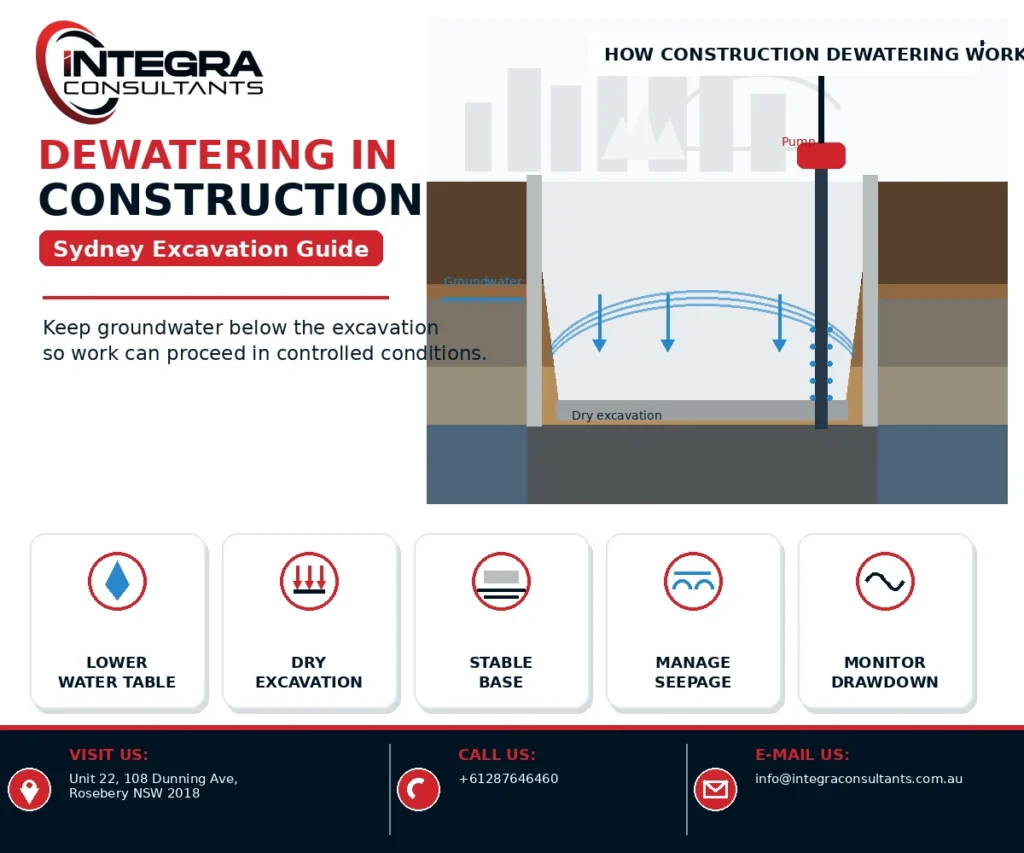 Dewatering in construction is the planned removal or lowering of groundwater or accumulated water so excavation and below-ground works can proceed under stable, manageable conditions. For Sydney developments involving basements, lift pits, services, retaining systems or deep excavations, water management can become a major part of geotechnical design.
Water inside an excavation can reduce productivity, but the engineering issue goes well beyond keeping the site dry. Groundwater pressure contributes to the behaviour of soil and retaining structures. Lowering groundwater changes those pressures, which means poorly planned pumping can affect excavation stability, nearby ground and surrounding assets.
Sydney also has many constrained development sites where excavation occurs close to neighbouring buildings, utilities and public infrastructure. This makes dewatering an engineering problem rather than simply a pumping task.
Integra Consultants’ Deep Excavation, Dewatering and Shoring Design service considers groundwater, soil movement, hydraulic pressure, retaining systems and construction sequencing together. Its service page also identifies seepage analysis, sheet pile, secant pile and other retaining solutions as part of its excavation capability. (EngConf Solutions)
This guide explains how dewatering works, when it is required and what Sydney project teams should consider before pumping begins.
What Is Dewatering in Construction & Why Does It Matter in Sydney?
Dewatering in construction generally involves controlling water where an excavation extends into or close to groundwater, or where water enters from rainfall, seepage or local perched groundwater.
The objective depends on the site. Some projects need only remove relatively small amounts of water collected in a sump. Others require a deliberately engineered system to lower the groundwater level around an excavation.
This distinction matters because simply pumping water from an open excavation can produce very different ground responses from lowering groundwater gradually using an appropriately designed system.
In Sydney, project conditions vary significantly. Deep basements are often built close to boundaries and existing structures. Excavations can intersect permeable layers, weathered rock, fill or local groundwater pathways. Heavy rainfall can also add temporary water loads to open excavations.
A suitable construction dewatering strategy therefore considers both water quantity and geotechnical response.
The design team needs to understand where the water comes from, how easily the ground transmits it, how low the groundwater must be reduced and what could happen outside the excavation.
Transport for NSW guidance recognises dewatering as a specific consideration for excavation near transport infrastructure and can require a dewatering management plan where relevant. See the Transport for NSW excavation requirements. (Transport Standards Portal)
Dewatering in Construction: Comparing Common Dewatering Methods
Dewatering in construction should be matched to the depth, ground permeability, excavation geometry and required drawdown. A system that is efficient in permeable sand may perform poorly in low-permeability clay.
Method
Typical Principle
Potential Application
Key Consideration
Sump pumping
Collect and pump local inflow
Shallow/local water
Can draw fines if poorly controlled
Wellpoints
Multiple shallow wells connected to header
Permeable soils and moderate drawdown
Installation spacing matters
Deep wells
Pumped bores around excavation
Greater depth and inflow
Pump capacity and aquifer response
Eductor systems
Vacuum-assisted extraction
Lower-permeability ground
More specialised setup
Cut-off systems
Restrict groundwater inflow
Deep or sensitive excavations
Wall continuity/permeability
Combined systems
Pumping plus cut-off
Complex conditions
Requires integrated design
Dewatering in construction is therefore not about selecting the largest available pump. Effective design starts with an appropriate hydrogeological and geotechnical understanding.
For example, wellpoint dewatering may be useful where a series of closely spaced extraction points can lower groundwater around a relatively shallow excavation. Deep wells may be preferable where greater drawdown or capacity is needed.
Cut-off walls can also reduce pumping demand. Secant piles, diaphragm walls or sheet piles may form part of the retention and water-control strategy, depending on project requirements.
Where excavation support and water control interact, Integra’s ground–structure interaction service can help assess how wall deformation and changing ground conditions may influence adjacent assets.
Dewatering in Construction Tips for Sydney Project Teams
Dewatering in construction should ideally be planned before excavation starts rather than treated as an emergency response after water enters the site.
Useful tips include:
Investigate groundwater conditions early.
Separate rainfall management from groundwater management.
Estimate required drawdown and likely inflow.
Consider effects beyond the site boundary.
Coordinate dewatering with shoring design.
Monitor groundwater and ground movement where risk warrants it.
Plan discharge, treatment and approvals before pumping.
One common mistake is considering the pumping system independently of the retaining wall. In reality, the wall, groundwater, surrounding soil and excavation sequence influence each other.
Another is assuming that clear water means there is no ground-loss risk. Soil particles can sometimes migrate through seepage paths before obvious signs appear.
Effective groundwater control should therefore be designed around both excavation performance and neighbouring-asset protection.
Integra’s engineering approach combines advanced numerical analysis with construction experience, and its excavation service specifically considers hydraulic pressure, saturated ground and movements around urban basements. (EngConf Solutions)
Infographic Image Suggestion:
“Construction Dewatering Decision Path” — investigation → groundwater model → inflow/drawdown → system selection → monitoring → discharge management.
How Dewatering in Construction Is Designed
Dewatering in construction usually begins with understanding the subsurface profile and groundwater regime.
Ground investigation provides information about soil and rock layers. Groundwater observations help determine likely water levels, although one measurement may not represent seasonal or construction-stage conditions.
Engineers then assess how water may enter the excavation. Inflow may occur through permeable soil, fractured rock, beneath retaining walls or through local defects in cut-off systems.
The required groundwater reduction is then established. An excavation does not always need extreme drawdown; the objective is to provide sufficient control for safe and practical construction while managing external effects.
Depending on complexity, seepage modelling may be used to estimate hydraulic gradients, water pressures and likely flow paths. Pump numbers, depth, spacing and capacity can then be developed around the design assumptions.
The retaining solution matters too. A low-permeability wall can significantly change the flow regime compared with a more open soldier-pile system.
Monitoring is often valuable because groundwater systems contain uncertainty. Piezometers or observation wells can confirm whether the actual drawdown matches design assumptions.
Projects involving sheet piles and anchors may also benefit from Integra’s existing article on helical anchors for sheet pile retention, which discusses excavation movement and constrained Sydney construction. (EngConf Solutions)
Dewatering in Construction Risks and Control Measures
Dewatering in construction can improve excavation conditions, but inappropriate pumping can introduce new risks.
Risk
Possible Mechanism
Typical Management Approach
Ground settlement
Effective stress changes
Control drawdown and monitor
Soil loss
High seepage gradients
Filters/cut-offs/system redesign
Base instability
Upward water pressure
Check hydraulic stability
Excessive inflow
Permeable layer or defect
Increase/control system capacity
Neighbour impact
Ground movement outside site
Monitoring and staged response
Unexpected discharge quality
Groundwater chemistry/sediment
Test and treat as required
Dewatering in construction should therefore be viewed as a controlled modification of the groundwater environment.
The risk to neighbouring structures depends on several factors, including soil compressibility, extent of drawdown and foundation sensitivity.
Monitoring can provide trigger points for action. If groundwater levels or movements differ significantly from predictions, pumping rates or construction sequence may need review.
Where weak soil also contributes to water and stability problems, Ground Improvement Solutions Design may be relevant. Grouting or other improvement approaches can sometimes be considered as part of a wider solution.
When Does Dewatering in Construction Need Specialist Engineering?
Projects vary widely, but specialist input becomes increasingly valuable as depth, inflow or surrounding sensitivity increases.
Indicators include:
Excavation below groundwater.
Multiple basement levels.
Permeable sand or fractured ground.
Sensitive neighbouring structures.
Authority infrastructure near the works.
A requirement for significant groundwater drawdown.
Combined shoring, seepage and settlement concerns.
The design should also align with construction methodology. A system that looks efficient analytically may not be practical if drilling access, pump maintenance, power or discharge routing cannot be accommodated.
For Class 2 projects where excavation design also intersects NSW regulated-design obligations, Integra’s guide to DBP Act compliant deep excavation and shoring provides useful complementary context. (EngConf Solutions)
Early specialist input can help identify these interfaces before they become site problems.
Dewatering in Construction: Example Sydney Basement Scenario
Dewatering in construction can be understood through a typical constrained basement scenario.
Image Suggestion:
Cross-section showing basement excavation, retaining wall, natural groundwater level, lowered groundwater level, wells and adjacent building.
Suppose a proposed basement extends several metres below the measured groundwater level. The site is bounded by an existing building on one side and a road corridor on another.
The first engineering question is not “Which pump should we hire?” It is “How will groundwater respond when excavation begins?”
A seepage assessment may show that water can flow beneath or around the retaining system. The engineer then determines the drawdown needed to maintain suitable conditions at the excavation base.
If deep wells are selected, pumping begins in a controlled sequence. Observation points outside the excavation help determine whether groundwater drawdown is extending farther than expected.
At the same time, survey or geotechnical monitoring may track movement around the retaining wall and neighbouring assets.
If external drawdown becomes excessive, the project team may need to adjust pumping, improve cut-off performance or consider other mitigation.
This example demonstrates why pumping, shoring and settlement should not be designed in isolation.
For tailored advice on a Sydney excavation, project teams can contact Integra Consultants.
Frequently Asked Questions About Dewatering in Construction
Dewatering in construction often raises questions about cost, duration, permits and system selection. The following answers are general because groundwater conditions and project requirements vary from site to site.
1. What does construction dewatering cost in Sydney?
There is no meaningful fixed price. Cost depends on excavation depth, duration, inflow, number and type of wells, pumping capacity, monitoring, treatment, discharge requirements and whether specialist modelling is required.
2. How long does dewatering need to operate?
It may operate only during a short excavation activity or continue through a significant portion of basement construction. The engineer and construction team determine when the permanent works can safely resist groundwater pressure and temporary pumping can be reduced or stopped.
3. Is dewatering required for every basement?
No. It depends on excavation level, actual groundwater conditions, retaining-wall permeability and construction methodology. Some excavations remain above groundwater; others may encounter significant inflow.
4. What information is required to design a system?
Useful information includes borehole logs, groundwater observations, permeability information, excavation depth, retaining-wall details, neighbouring assets, construction sequence and discharge constraints.
5. Can dewatering cause settlement outside a site?
Potentially, depending on ground type and the extent of groundwater reduction. This is one reason drawdown prediction and monitoring may be important on sensitive urban sites.
6. Does rainwater count as dewatering?
Rainwater removal may form part of site water management, but groundwater lowering is a different geotechnical problem. The two should be considered separately even if some site pumping infrastructure is shared.
7. Who should design dewatering for a complex excavation?
Where groundwater behaviour can influence stability, retaining systems or neighbouring assets, the system should be developed with suitably qualified geotechnical and related engineering input rather than relying solely on pump capacity.
Contact Information
VISIT US
Unit 22, 108 Dunning Ave, Rosebery NSW 2018
CALL US
+61287646460
E-MAIL US
info@integraconsultants.com.au